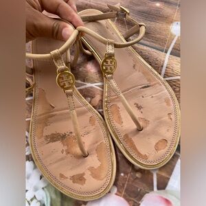 Tory Burch Tan Sandals with Gold Medallion